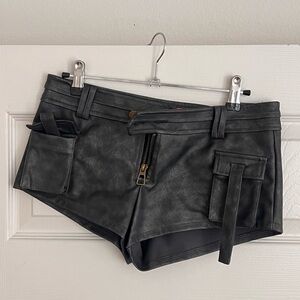 Edikted Black Faux Leather Cargo Bike Shorts with Zipper